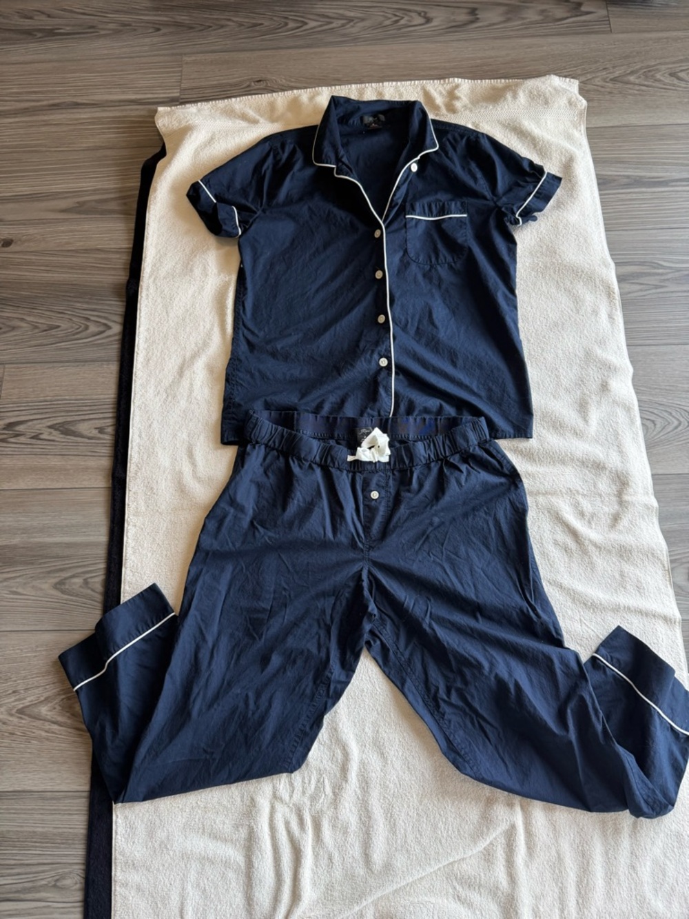 J. Crew Navy Blue Two-Piece Pajama Set with White Piping